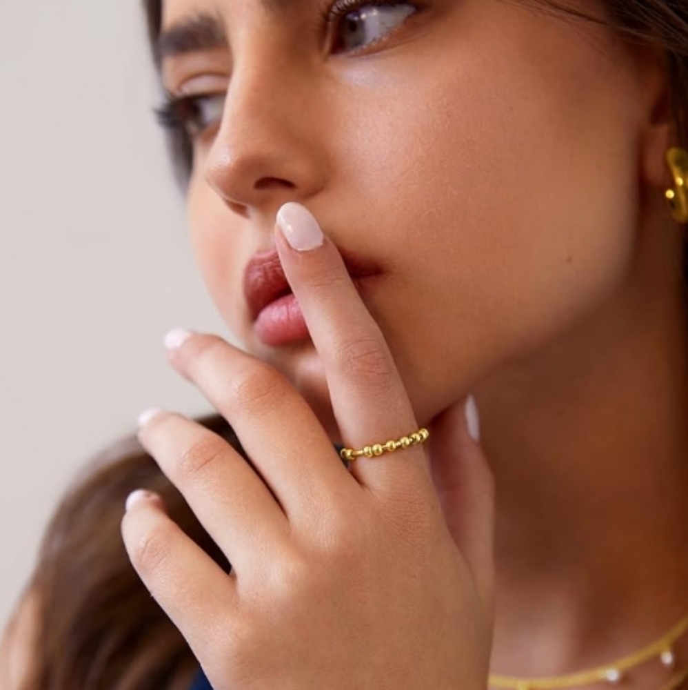 14K Gold Plated Spinner Anxiety Bands with Beads Ring In White Gold - Picture 3 of 5